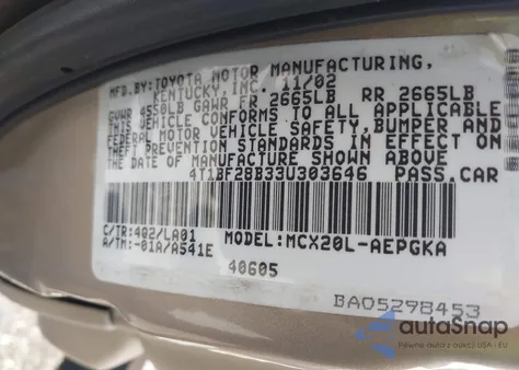 2003 Toyota Avalon Xls из США, поврежденный, VIN 4T1BF28B33U303646